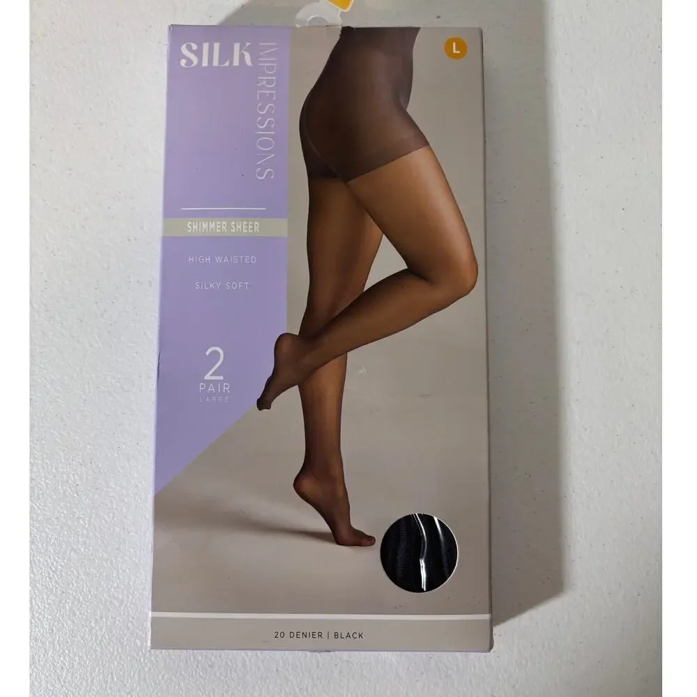 Silk Impressions NEW Size L Black 20 Denier Shimmer Sheer High-Waisted Pantyhose